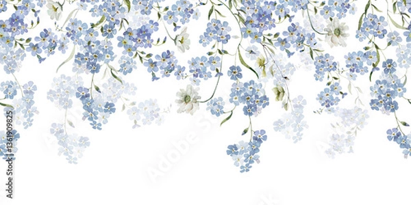 Fototapeta Seamless watercolor floral border. Hydrangea, myosotis, rose, peony. Blue green white flowers, leaves on white background. Fashion, fabric, pattern, wallpapers, prints, wedding invitations, clipart.