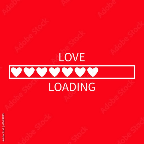 Fototapeta Progress status bar icon. Love loading collection. White heart. Funny happy valentines day element.Web design app download timer. Red background. Flat trendy object. Isolated. Greeting card.
