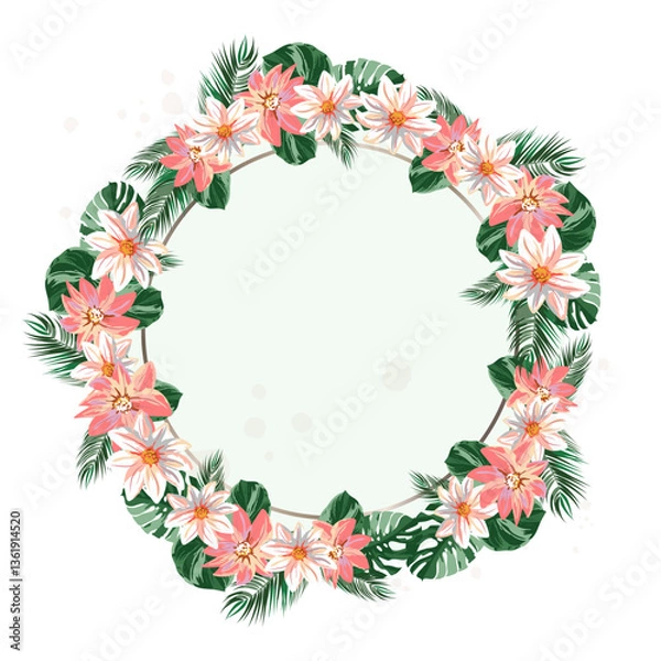 Obraz Tropical Wreath Frame with Pink and White Exotic Flowers, Green Palm Leaves, and Watercolor Splashes. Elegant Botanical Circle Border for Wedding Invitations, Greeting Cards, and Text Space Design