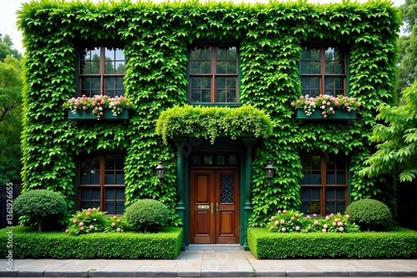 Fototapeta Green building facade completely covered in lush plants and colorful flowers,  architecture,  building