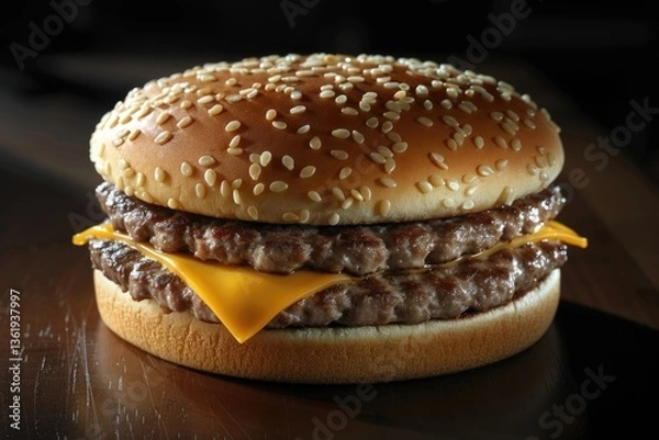 Fototapeta A delicious cheeseburger with two patties and sesame seed bun