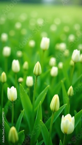 Fototapeta green field filled with tuberose plants and unopened flowers in full bloom, creating a beautiful landscape of white and green hues, green field,  field