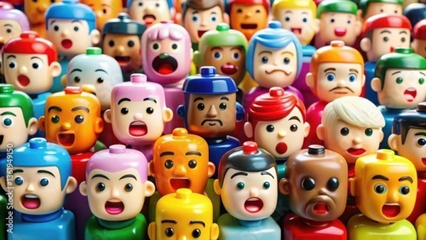 Fototapeta A vibrant collection of colorful toy figures with various expressions, showcasing diversity in design and style.