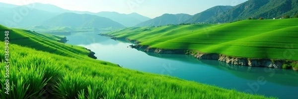 Fototapeta Green fields surrounded by serene blue waters, creating a tranquil and picturesque natural landscape,  environment,  peaceful