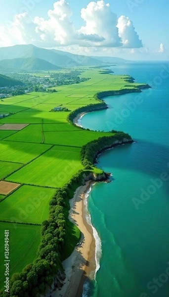 Fototapeta Green fields stretching endlessly, surrounded by vibrant blue waters, creating a stunning contrast,  tranquil,  serene