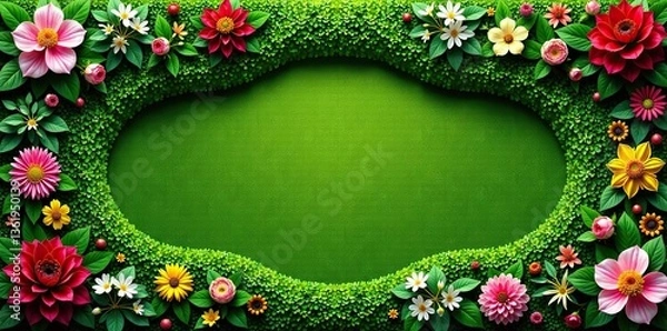 Fototapeta Green Flower Bed Template with various blooming flowers, arranged in a symmetrical layout with winding pathways and shrubs,  garden planning,  aerial perspective