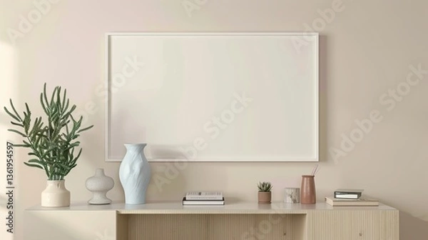 Fototapeta A white rectangular frame hanging above a hallway console, surrounded by a vase, small books, HD 8K mockup wallpaper Photographic Image