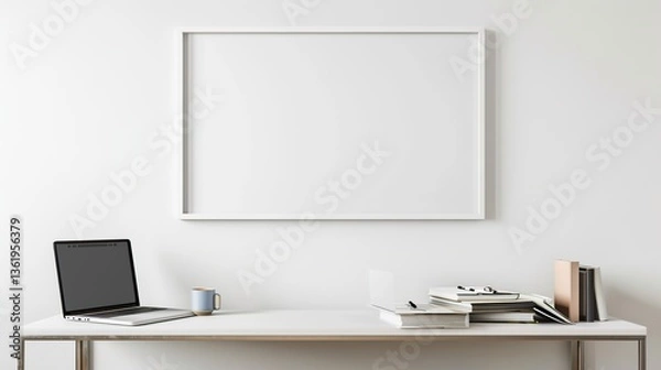 Fototapeta A white rectangular frame hanging above a hallway console table with a cup, a laptop, and a couple of books HD 8K mockup wallpaper Photographic Image
