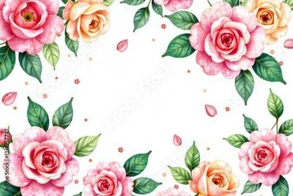 Fototapeta Delicate watercolor roses & leaves, repeating pattern, floral, background, botanical