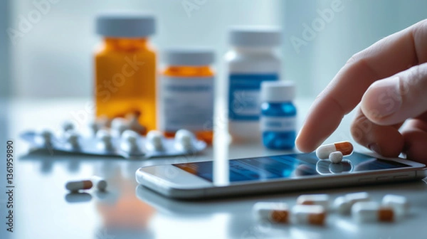 Fototapeta Close-up of hand using smartphone app with prescription bottles and pills in background on white table, Concept of digital healthcare, online pharmacy learning and telemedicine convenience.