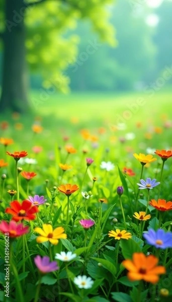 Fototapeta Green grass filled with colorful wild flowers creating a vibrant and natural background,  meadow,  summer