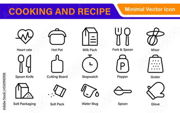 Fototapeta Premium Cooking and Recipe Icons – Line, Outline, Minimal, Vector – Kitchen, Chef, Food, Baking, Restaurant UI Icons