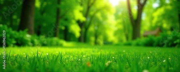 Fototapeta Green grass lawn with lush trees in the background, providing a serene nature backdrop perfect for copyspace,  serene,  tranquil
