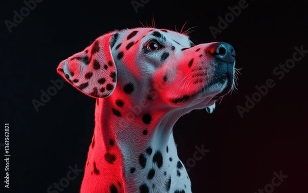 Fototapeta Close-up portrait of a Dalmatian dog, illuminated with red and blue lighting against a black background. The dog's fur appears textured, almost pixelated