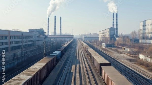 Fototapeta Train Passing Coal Plant Under Harsh Midday Sunlight