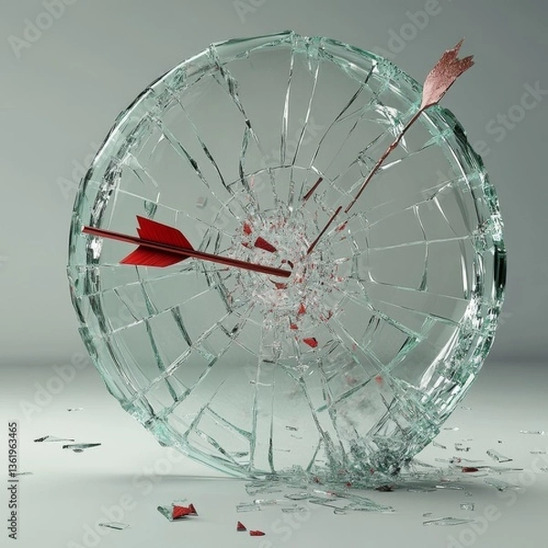 Fototapeta Isolated floating translucent 3D glass target that is shattering from a glass arrow hitting the bullseye. The whole target is cracking apart into pieces