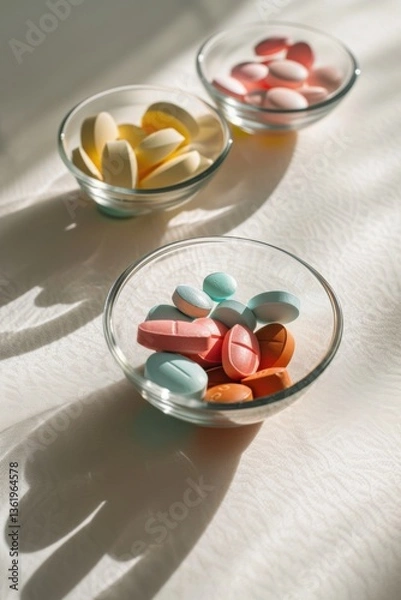 Fototapeta Close up of colored round tablets in clear glass bowls.