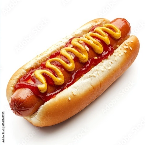 Fototapeta Delicious hot dog with ketchup and mustard, isolated on white background