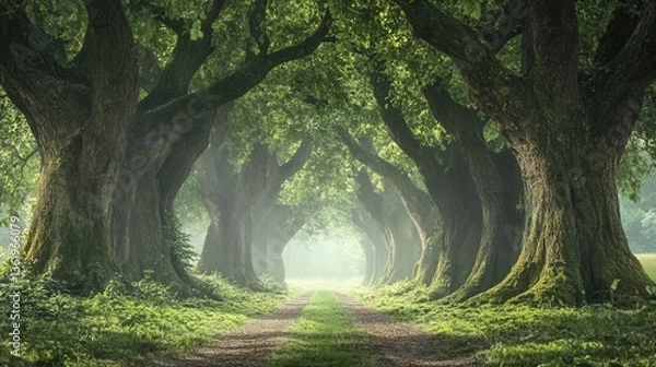 Fototapeta Tranquil Pathway Through Ancient Oak Trees