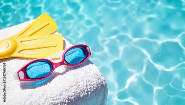 Fototapeta Whimsical swimming goggles resting on towel by bright poolside, summer fun