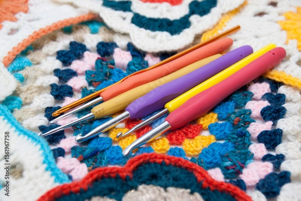 Obraz Colored Granny Squares and Crochet Hooks
