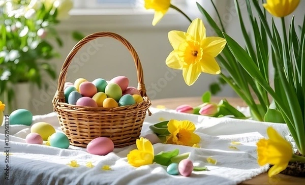 Obraz easter basket with easter eggs and daffodils