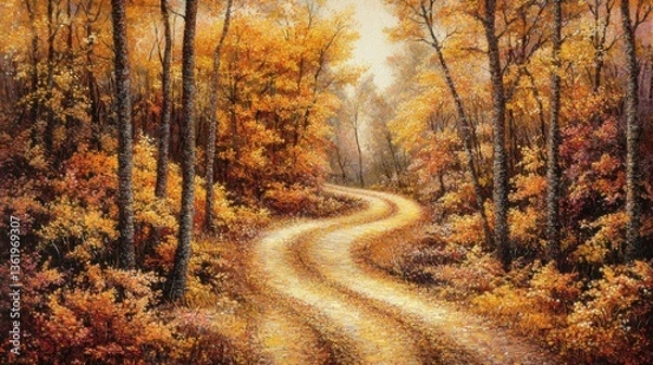 Fototapeta Winding Path Through Vibrant Fall Forest Colors