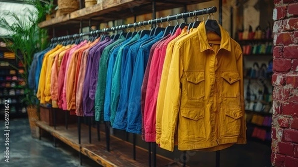 Fototapeta Colorful jackets on display in a clothing store.
