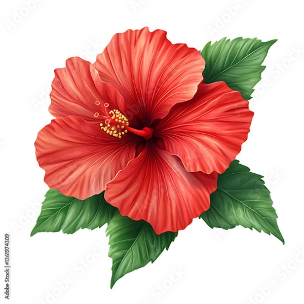Fototapeta Hibiscus in Bloom: A vibrant hibiscus flower in full bloom, with its striking red petals and detailed green leaves, stands out against the backdrop, showcasing the beauty and detail of nature.