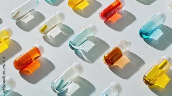Obraz Minimalist composition of clear glass pill bottles filled with colorful capsules.