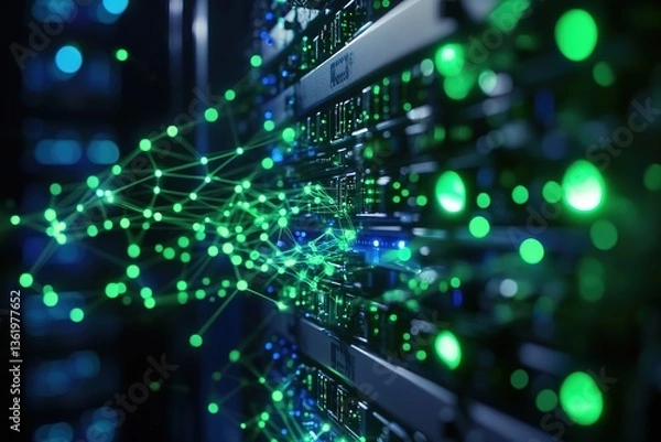Fototapeta Data Center Servers Illuminated with Network Connections and Abstract Glowing Lights