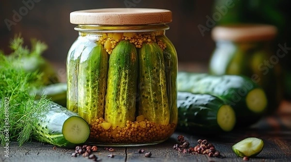 Fototapeta pickled cucumbers in a glass jar on a wooden table