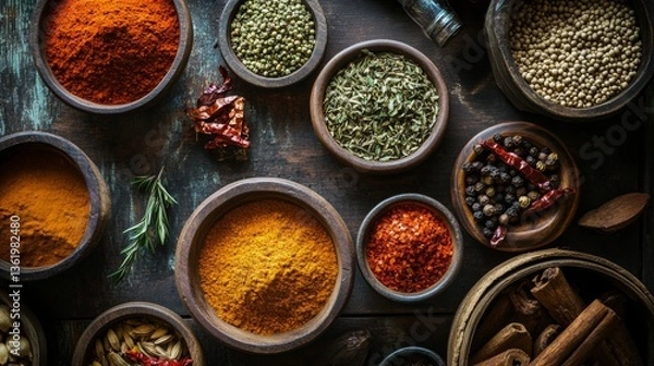 Obraz Flatlay of colorful spices in bowls on wooden background