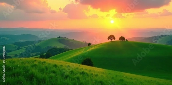 Fototapeta Green hills of Marche region near Ancona at sunset, with lone trees scattered across the landscape creating a dreamlike setting,  landscape,  spring