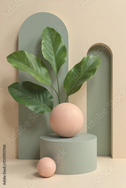 Obraz Easter Eggs on Green Podium with Plant
