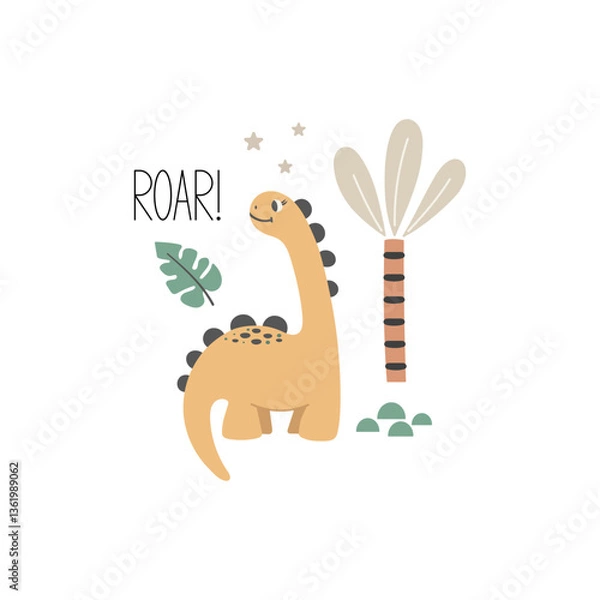 Fototapeta Roar dinosaur quote. Cute dinosaur vector character. Baby illustration of dino in cartoon style. Childish art for nursery, poster, textile and kids apparel.