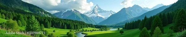 Fototapeta Green landscape in mountains with lush forests, meandering streams, and snow-capped peaks in the background,  green,  adventure
