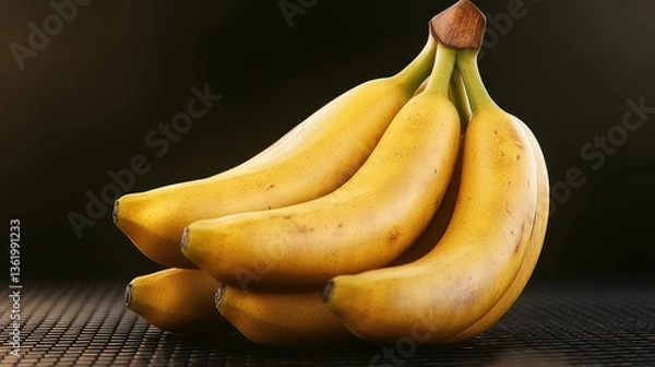 Fototapeta A bunch of ripe, yellow bananas arranged artistically on a textured surface, with a soft-focus background