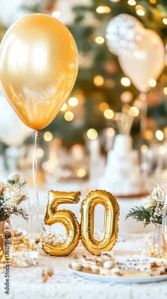 Obraz Golden Jubilee Celebration: Elegant decoration with golden balloons and the number "50" at a celebratory event, with blurred lights, cakes and food.
