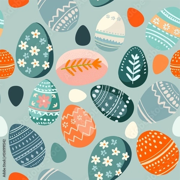 Fototapeta Hello spring, happy Easter! Seamless pattern in flat cute style. Digital illustration for posters, wrapping paper, textile, wallpaper
