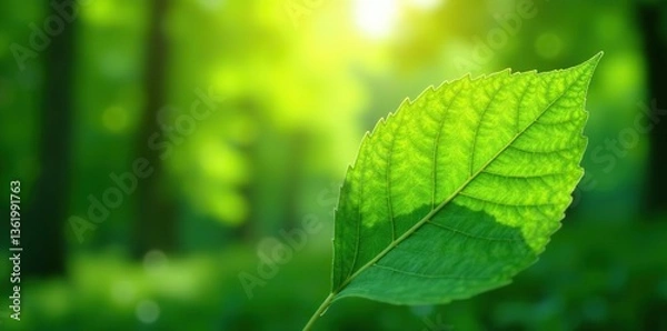 Fototapeta Green leaf with blurred greenery background and sunlight, perfect for natural landscape and ecology concepts,  ecology,  natural