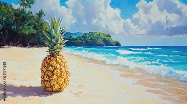 Fototapeta A vibrant pineapple stands alone on a sandy beach, with waves lapping at the shore and lush greenery in the background