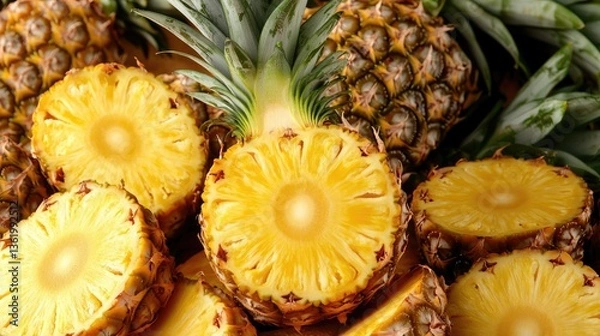Fototapeta Freshly sliced pineapples arranged beautifully with whole pineapples in the background, showcasing vibrant colors
