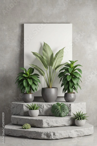 Obraz Stone Podium with Tropical Plants and Frame
