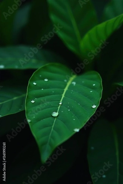 Fototapeta Green leaf with rain drop in jungle, water droplet on leaves, minimal pattern, tropical forest, dark background, greenery wallpaper, botanical garden, green leaf,  texture