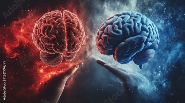 Fototapeta This image creatively depicts the duality of the human mind with two distinct brains, symbolizing contrasting thoughts, emotions, and abstract ideas against a cosmic backdrop.