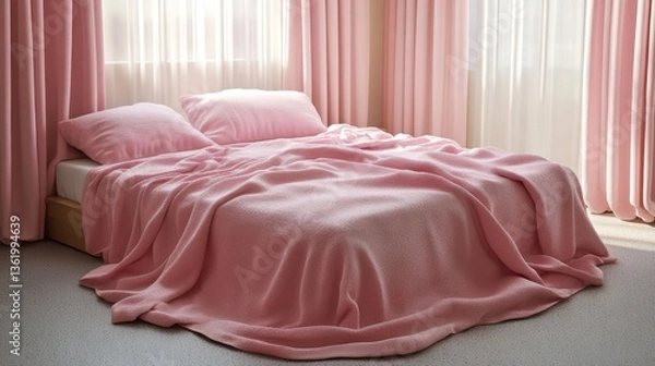Fototapeta Cozy pink bedroom with soft bedding and curtains, sunlight filtering through, creating a warm atmosphere