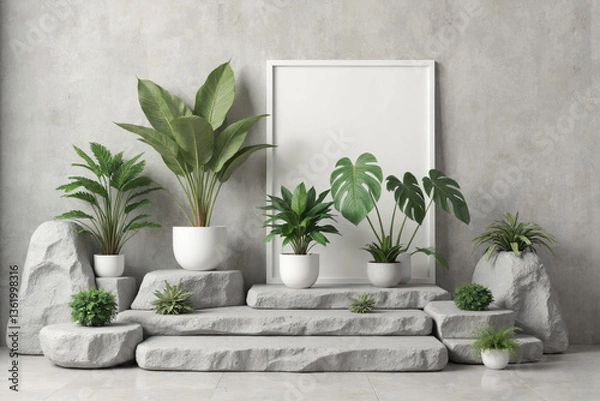 Obraz Stone Podium with Tropical Plants and Frame