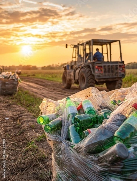 Fototapeta A tractor collects bags of discarded bottles at sunset, highlighting environmental concerns and agricultural practices.