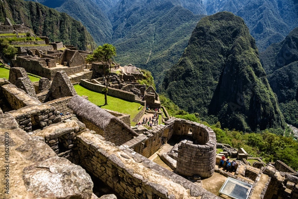 Obraz View of the Lost Incan City of Machu Picchu with the Temple of the Sun. Machu Picchu is a Peruvian Historical Sanctuary. 